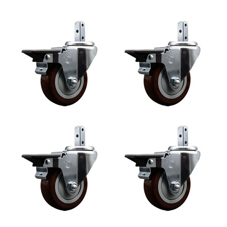 Service Caster 3.5'' Maroon Poly Wheel Swivel 7/8'' Square Stem Caster Set with Brake, 4PK SCC-SQ20S3514-PPUB-MRN-PLB-78-4